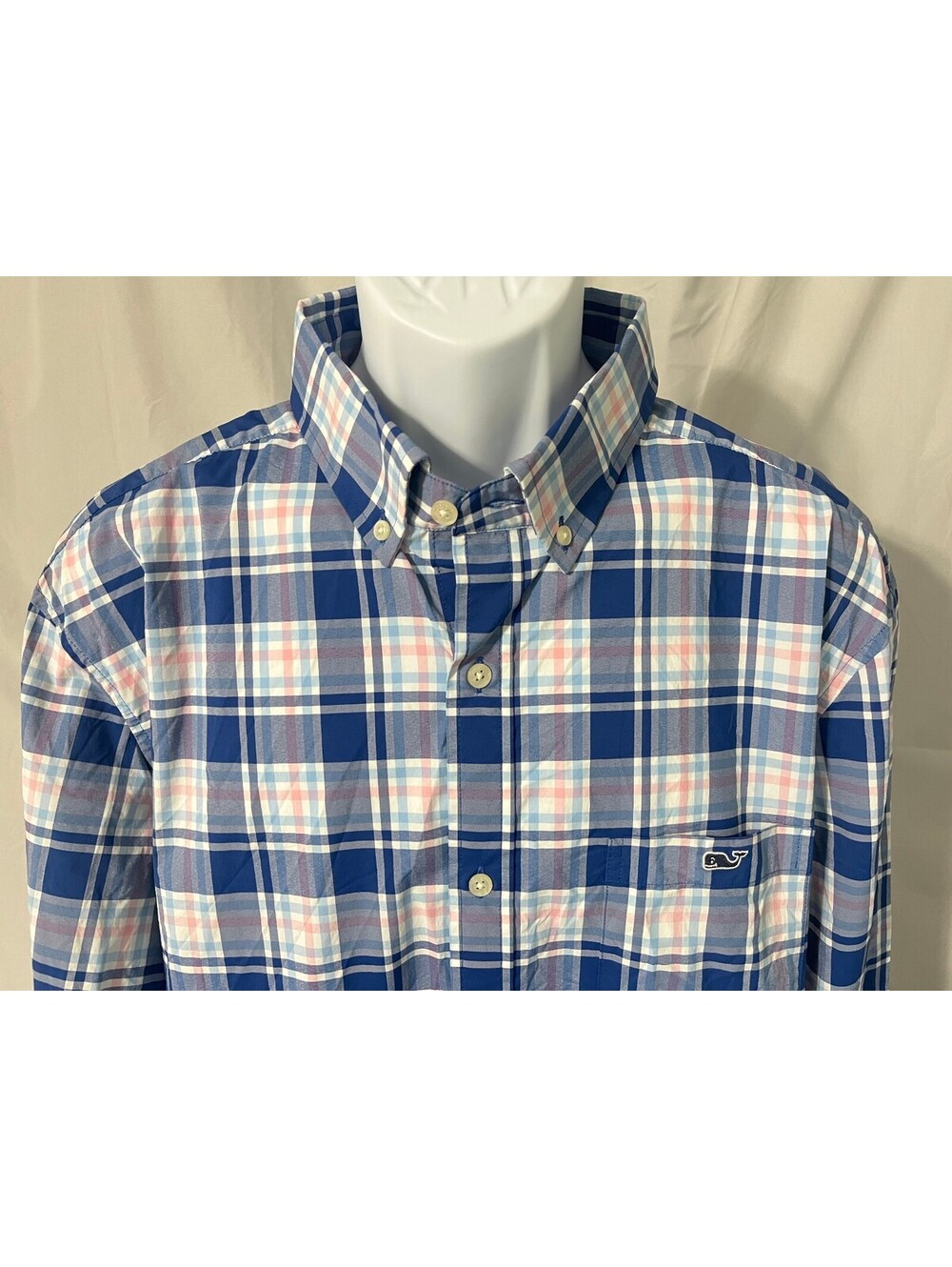 Vineyard Vines Men's White Blue Pink Plaid Performance Golf l/s Shirt XL EUC